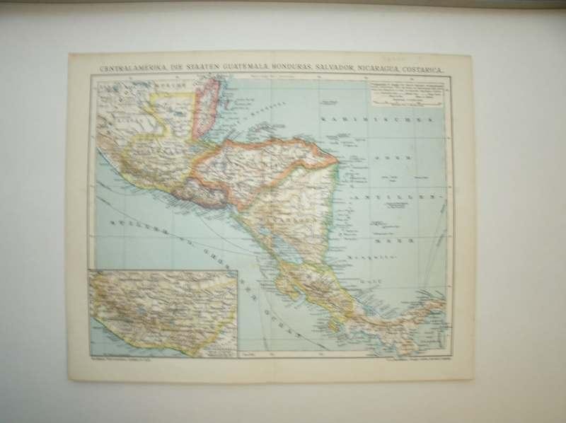 antique map (kaart). - Central Amerika, Guatemala, Honduras, Salvador, Nicaragua, Costa Rica.
