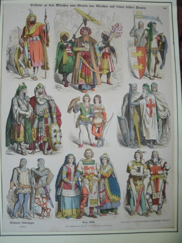 antique print. (prent). - Kostume in dem Marchen vom Grafen fon Steichen und seinen beiden Frauen. Munchener Bilderbogen.