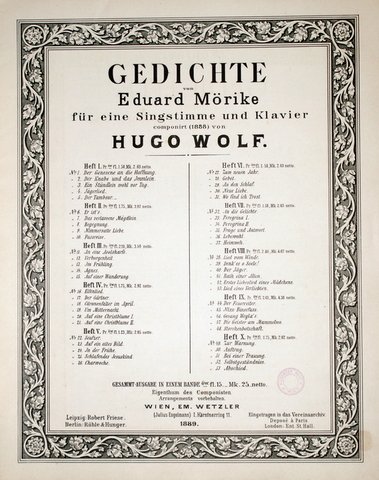 Wolf, Hugo: - Gedichte von Eduard Mörike für eine Singstimme und Klavier componirt (1888). Heft V [Nos. 22-26]
