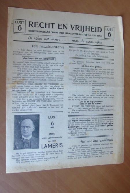 Recht en Vrijheid - Recht en Vrijheid. Verkiezingsblad voor den gemeenteraad op 26 juli 1946 (Groningen)
