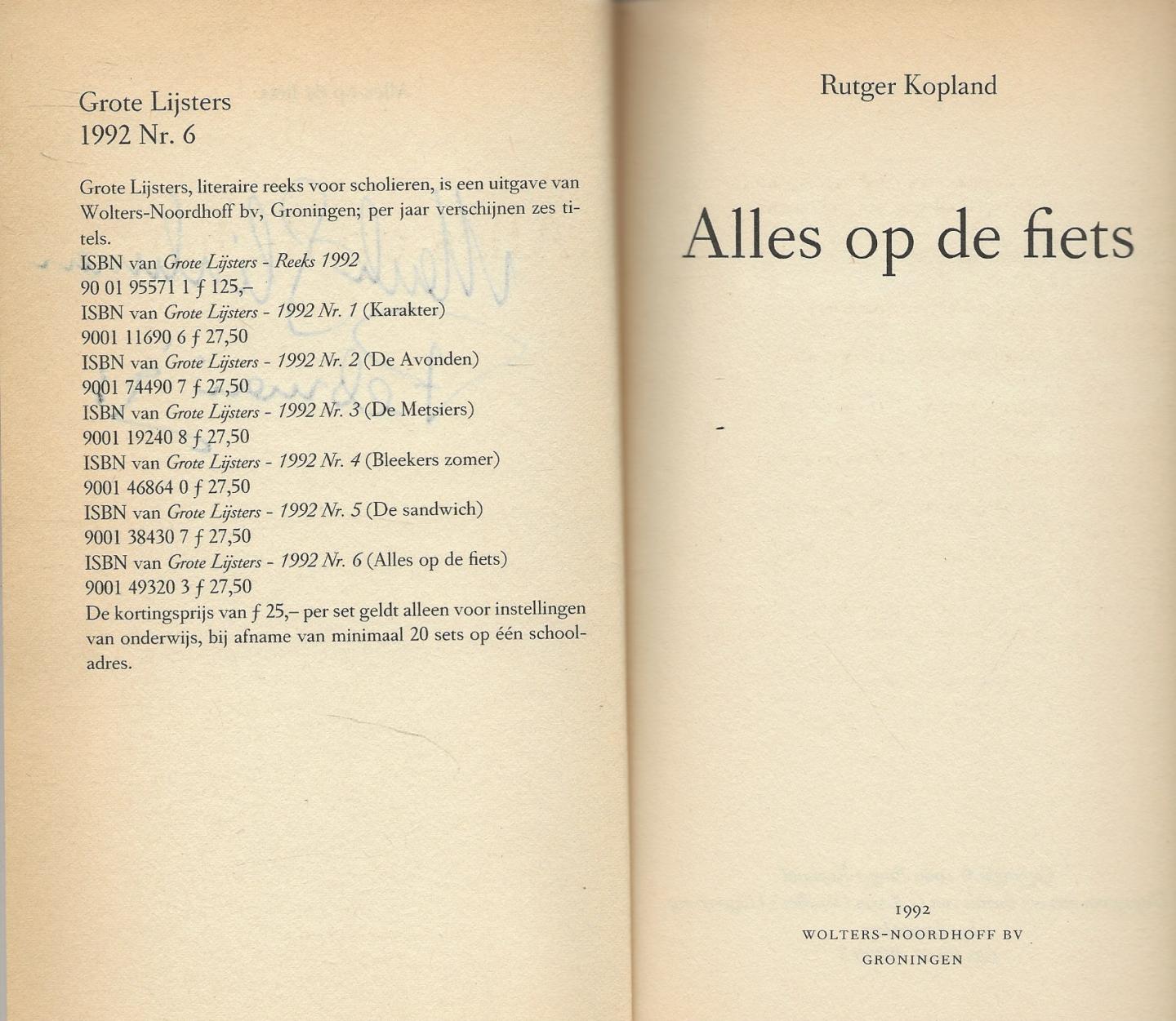 Kopland, pseudoniem van Rutger (Rudi) P. Hendrik van den Hoofdakker, (Goor, 4 augustus 1934 - Glimmen, 11 juli 2012), Rutger - Alles op de Fiets