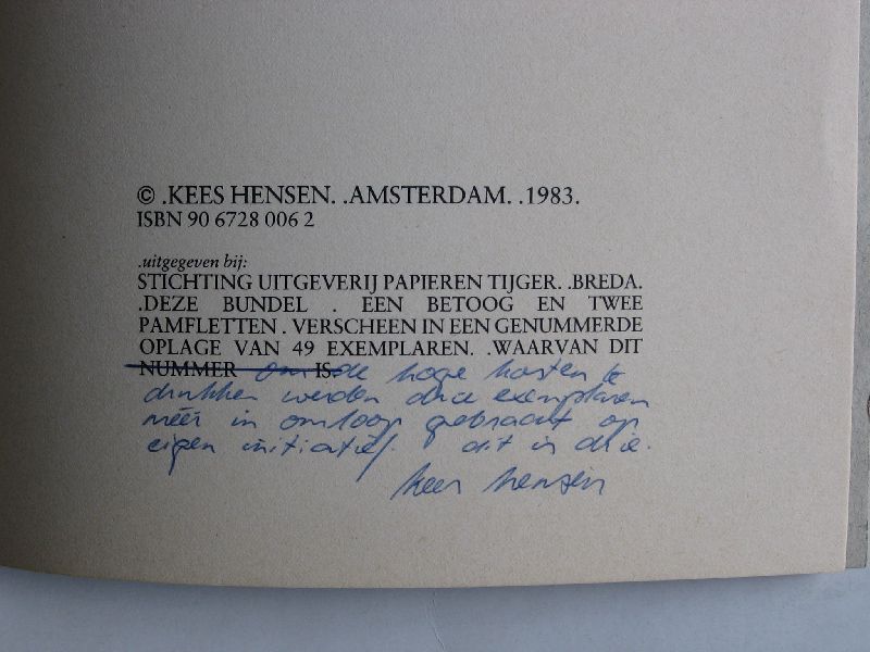 Hensen, Kees - Een betoog en twee pamfletten, het betreft drie gelegenheidsgeschriften