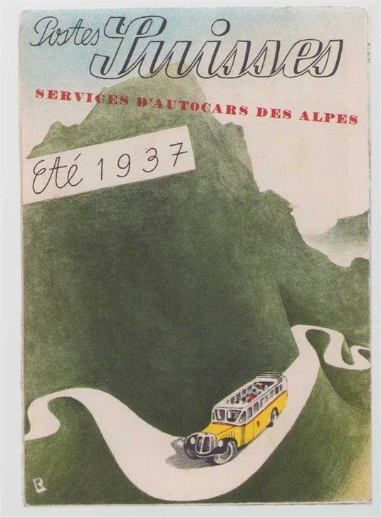 Bernhard Reber (omslagontwerp) - (TOERISME / TOERISTEN BROCHURE) Postes suisses, Services d'autocars des Alpes ete 1937