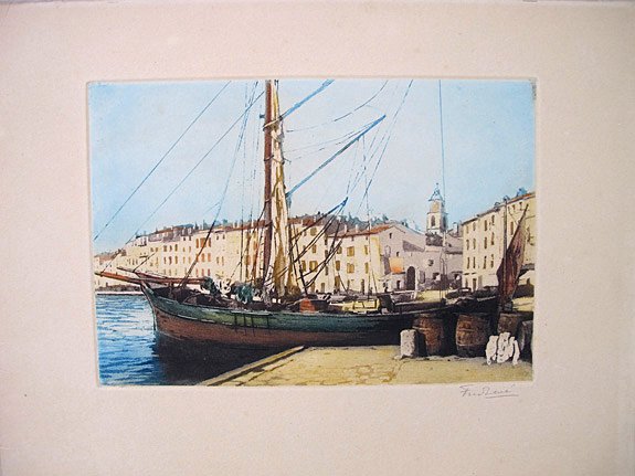 LEVÉ, Frederic Louis. - View on a french harbour with fishing boat. Original coloured etching.