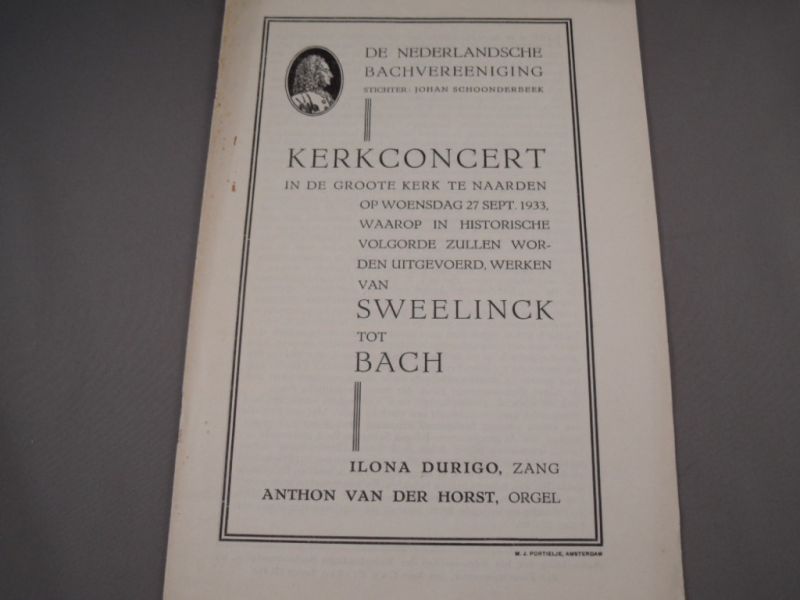 De Nederlandsche Bachvereeniging - Kerkconcert. Van Sweelinck tot Bach. Ilona Durigo zang, Anthon v.d. Horst orgel