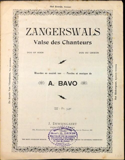 Bavo, A.: - Zangerswals. Valse des chanteurs. Duo of koor. Woorden en muziek van A. Bavo