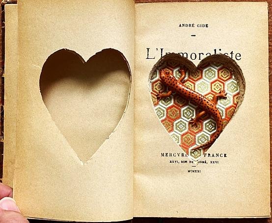 HIDE-AND-SEEK BOOK - L'Immoraliste by André Gide hollowed-out with a room in the form of a heart, that hides a plastic black-stippled orange salamander on a gold-orange background.