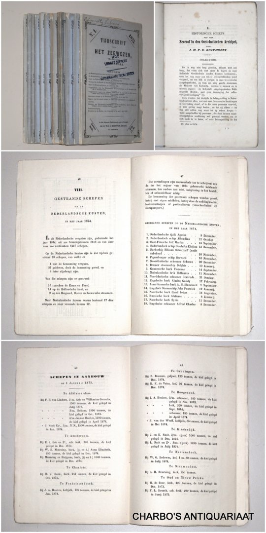 SWART, JACOB (red.), - Tijdschrift voor het Zeewezen. Nieuwe serie. 1875: Nos. 1, 2, 3; 1876: Nos. 1 & 4; 1878: Nos. 1 & 2; 1879: Nos. 1, 2, 3; 1880: No. 1.