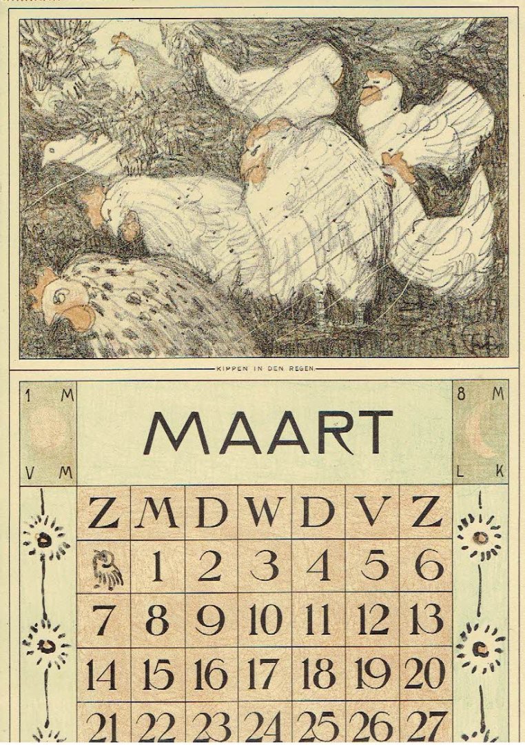 HOYTEMA, Theo van [HOIJTEMA] - Kalenderblad T. v. Hoytema - Kippen in den regen - maart- kalenderjaar 1914.