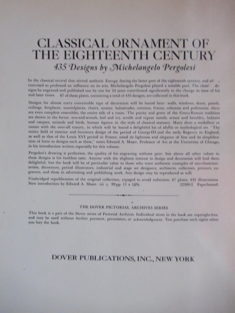 Maser, Edward A. - Classical ornament of the eighteenth century. Designs bij Michelangelo Pergolesi