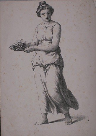 antique print (prent), - Vrouw met fruitschaal.