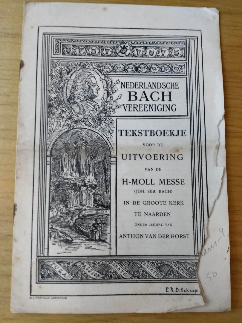 Bach, Joh. Seb. ( uitvoering Nederlandsche Bachvereeniging o.l.v. Anthon van der Horst - H-Moll messe van J.S.Bach  (Tekstboekje met rechts Nederlands en links Latijn) met groet inleiding. Uitvoering in de Groote Kerk te Naarden