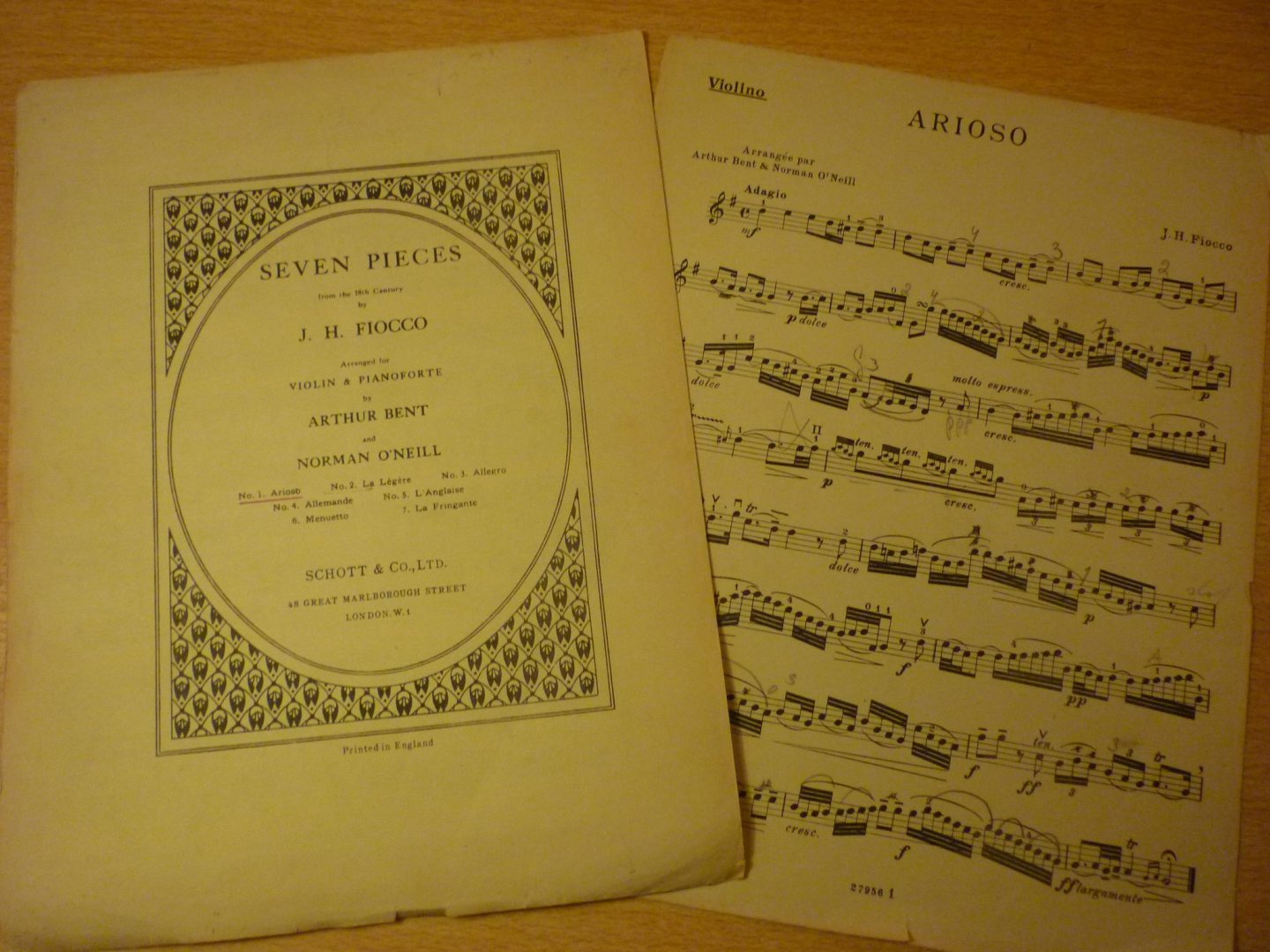Fiocco; Joseph-Hector  (1703–1741) - Arioso; No. 1 (Seven pieces from the 18th Century); (arranged by Arthur Bent and Norman O'Neill