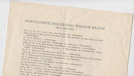 (KLOOS, Willem) - Eere-comité huldiging Willem Kloos op 6 mei 1934.