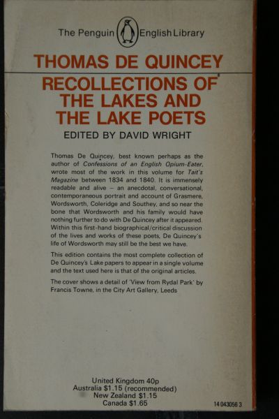 Quincey, Thomas de; Wright, David - Recollections of the lakes and the lake poets  edited by David Wright