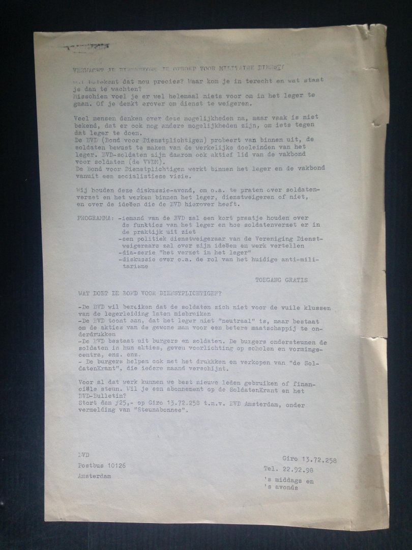 Pamflet - Anti-militarisme en soldatenverzet, Pamflet Bond voor Dienstplichtigen