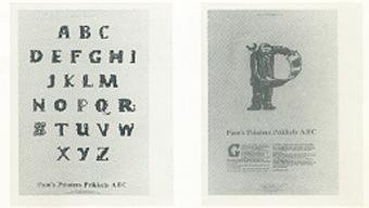 PROOST PRIKKELS. - 368: Twee affiches met alfabet van versierde initialen door Pam Rueter in hout gesneden