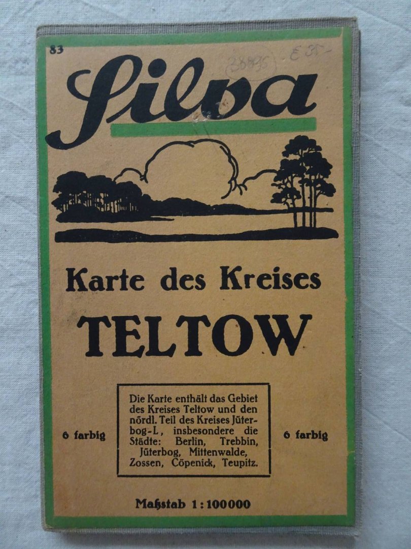N.n.. - Silva Karte des Kreises Teltow. 6 Farbig. Die Karte enthält das Gebiet des Kreises Teltow und den Nördl. Teil des Kreises Jüterbog-L, inbesondere die Städte: Berlin, Trebbin, Jüterbog, Mittenwalde, Zossen, Cöpenick, Teupitz.