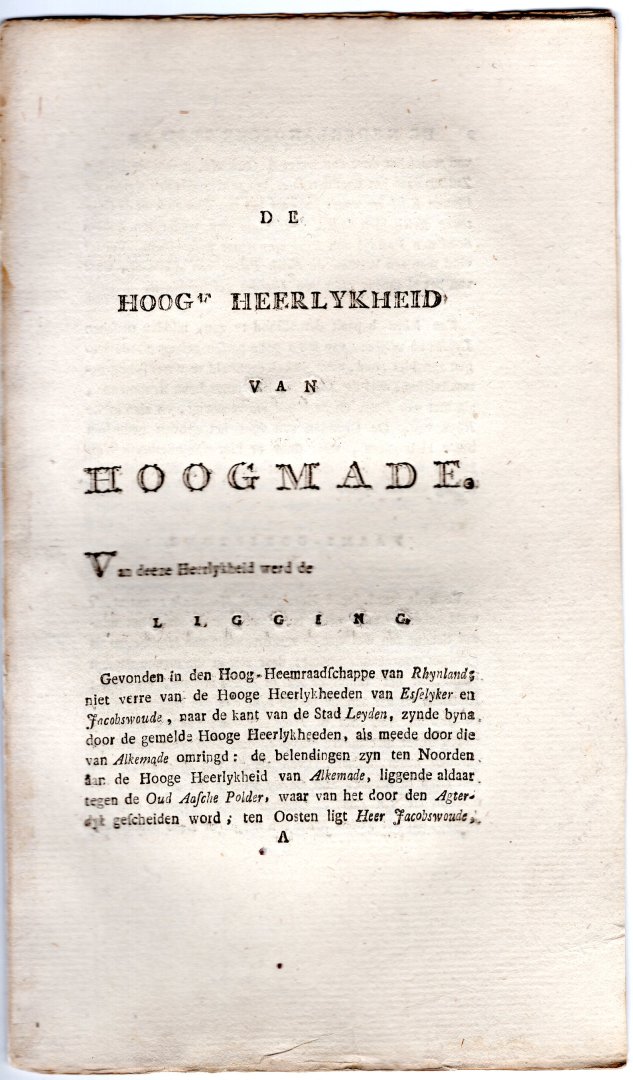 De Nederlandsche stad- en dorpbeschryver - De hooge heerlykheid van Hoogmade