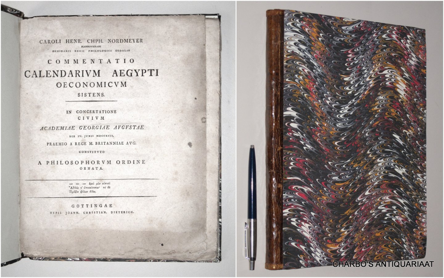 NORDMEYER, CARL HEINRICH CHRISTOPH, - Commentatio calendarium Aegypti oeconomicum sistens. In concertatione civium Academiae Georgiae Augustae, die IV junii MDCCXCII ... a philosophorum ordine ornata.