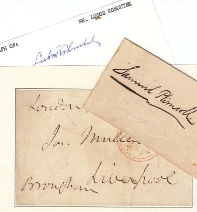 (NAAMGEVERS). BROUGHAM, Henry; KOHOUTEK, Lubos; PLIMSOLL, Samuel - Drie handtekeningen.