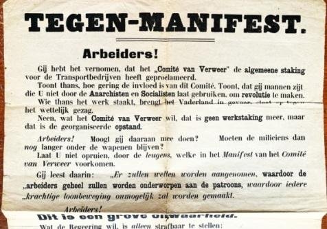 SPOORWEGSTAKING 1903 - Tegen-manifest. (Affiche van het Katholiek Comité van Actie om arbeiders tot steun aan de regering over te halen).