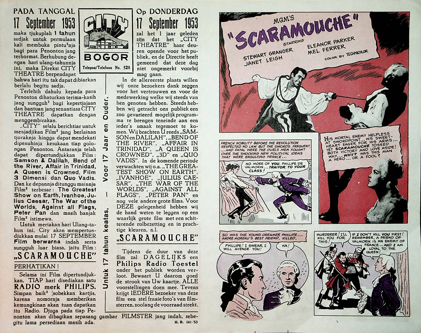 Scaramouche - Affiche voor de filmvertoning van de Amerikaanse film Scaramouche in het City Theatre in Bogor (Java) vanaf donderdag 17 september 1953