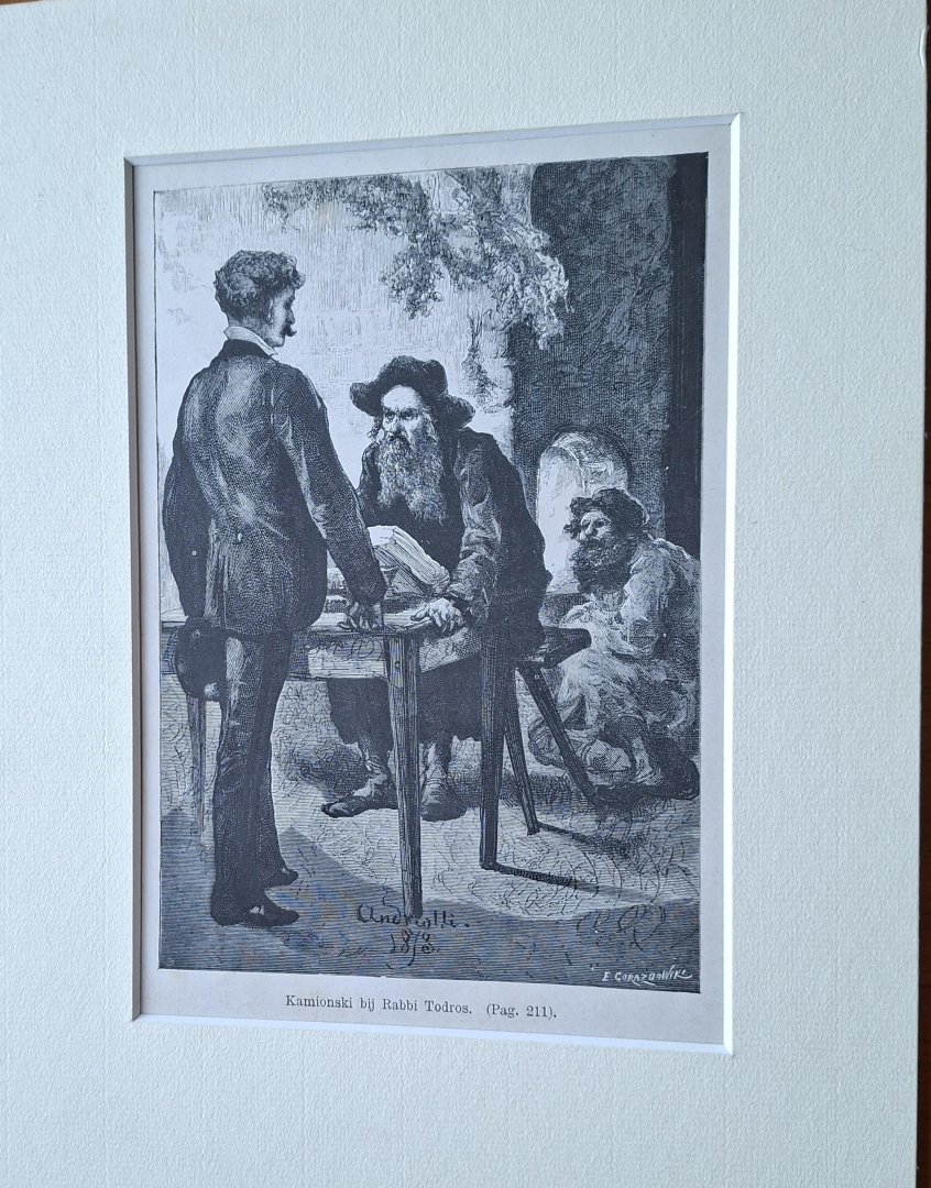 Orzeszkowa, Elisa - Kamionski en Rabbi Todros. Gravure van Michal Elwiro Andriolli uit het boek 'Meier Ezofowicz: Een verhaal uit het leven der Poolsche joden'.