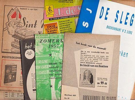 (DE SLEGTE) - Collectie van negen reclameuitingen van De Slegte: vijf geniete boekjes (mei/juni 1957, zomerkoopjes 1957, jan./febr. 1960, zomer 1992, ongedateerd), drie kranten (november 1968, december 1969, aug./sept. 1972) en een gevouwen flyer (ongedatee...