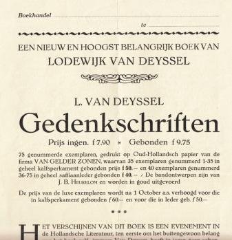 DEYSSEL, Lodewijk van - 'Een nieuw en hoogst belangrijk boek van Lodewijk van Deyssel'. (Prospectus voor Gedenkschriften).