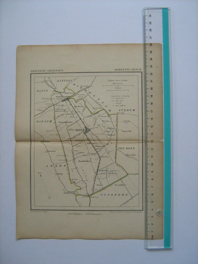  - Oudtijds grensgekleurde lithografie van Gemeente BEDUM, Groningen
