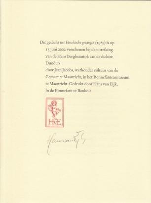 BERGHUIS, Hans - Het gebrek. Hans Berghuisstok voor Poëzie 2002 / The Maastricht International Poetry Nights.