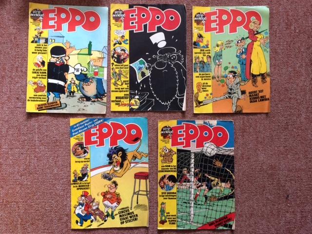 div - Eppo 1977 5 x stripweekblad nrs 1, 6, 7, 14, 19.met o.a.TRIGIË/LUCKY LUKE/OLIVIER BLUNDER/LUC ORIËNT/BLUEBERRY,