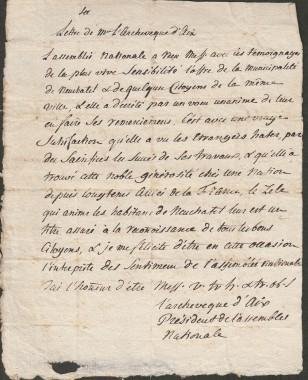NEUCHÂTEL / NEUENBURG NE (1789) - Copie contemporaine de deux lettres en langue française relatives à Neuchâtel (Suisse) : une lettre de M. Wecker à M. Le Latre, Conseil de Neuchâtel (Paris, 27 novembre 1789) et une lettre de l'archevêque d'Aix-en-Provence Boisgelin de Cucé...