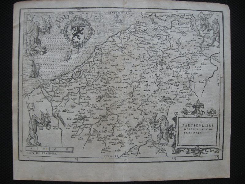 Guicciardini 1567 - Landkaart Vlaanderen Fiandra Flandres gravure houtsnede met beroemde berenmotief