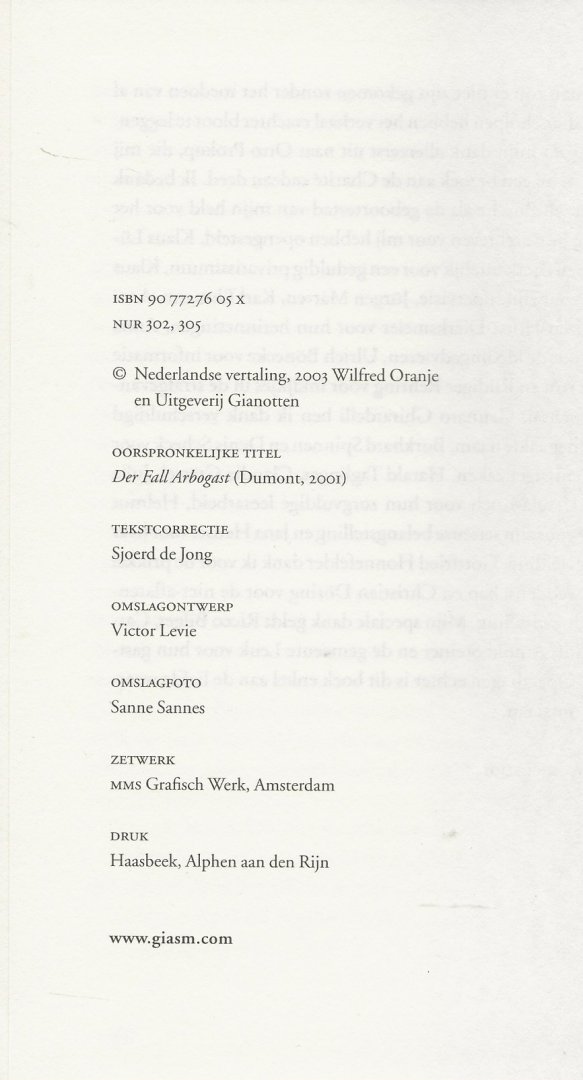 Hettche, Thomas  Vertaald door Wilfried Oranje  Omslagfoto Sanne Sannes - De zaak Arbogast