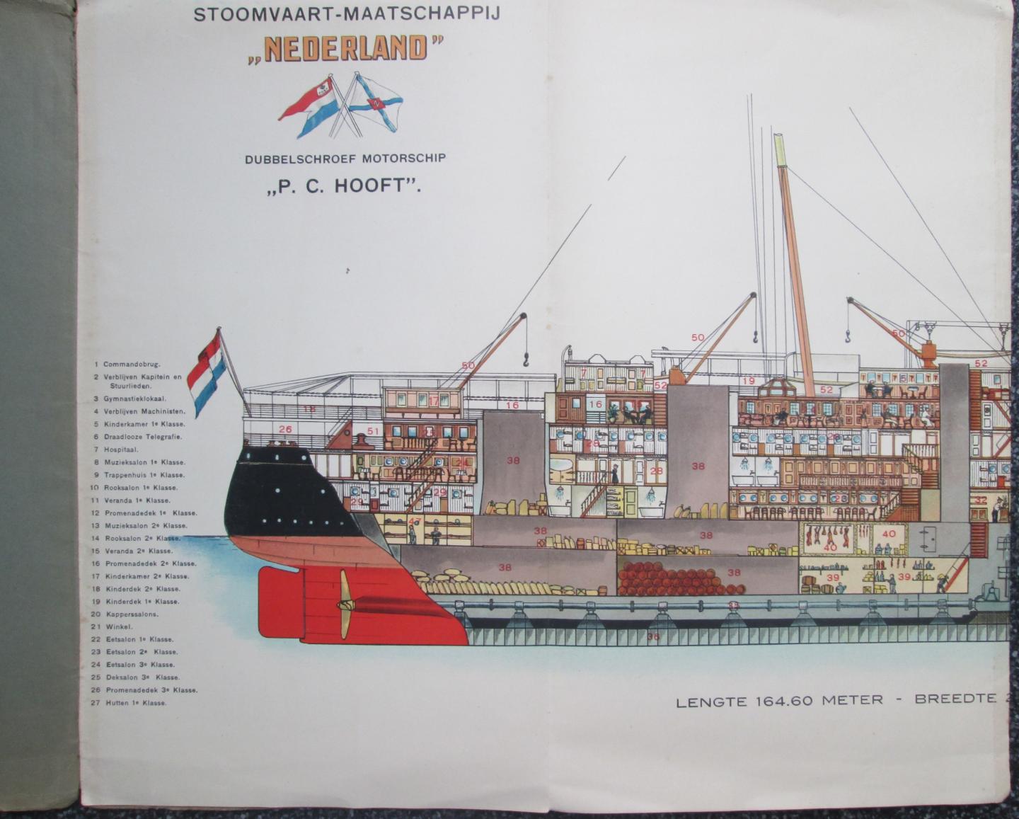 Stoomvaart Maatschappij Nederland - Doorsnede/plattegrond van dubbelschroef Motorschip "P.C. Hooft" (uitklapbaar tot 34 x 89,5 cm))