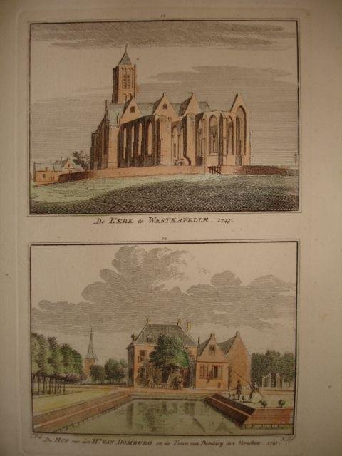 Westkapelle. - De kerk te Westkapelle - De Hof van den Hr. van Domburg en de Toren van Domburg in 't Verschiet.
