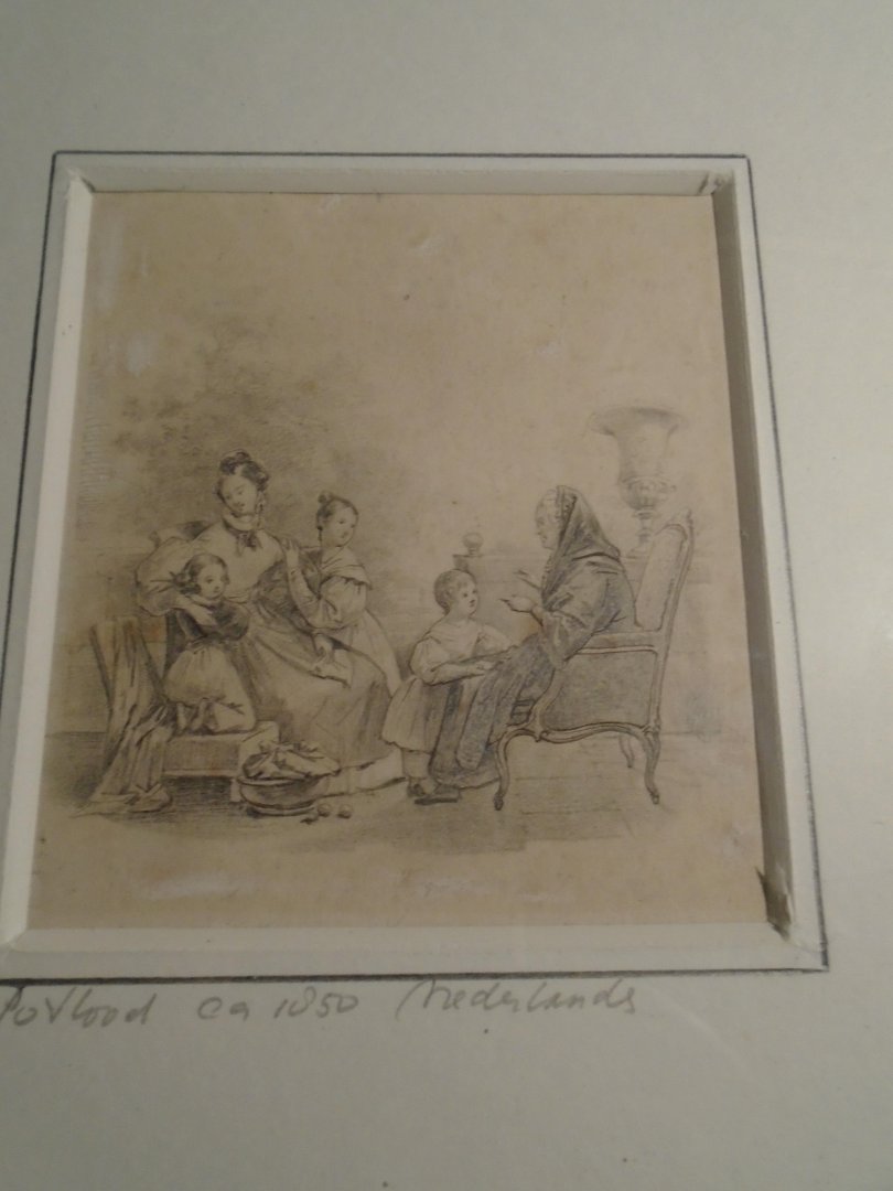  - Grootmoedertje. Tekening, potlood. familietafereeltje. Ontwerp voor een kinderboek ca. 1850
