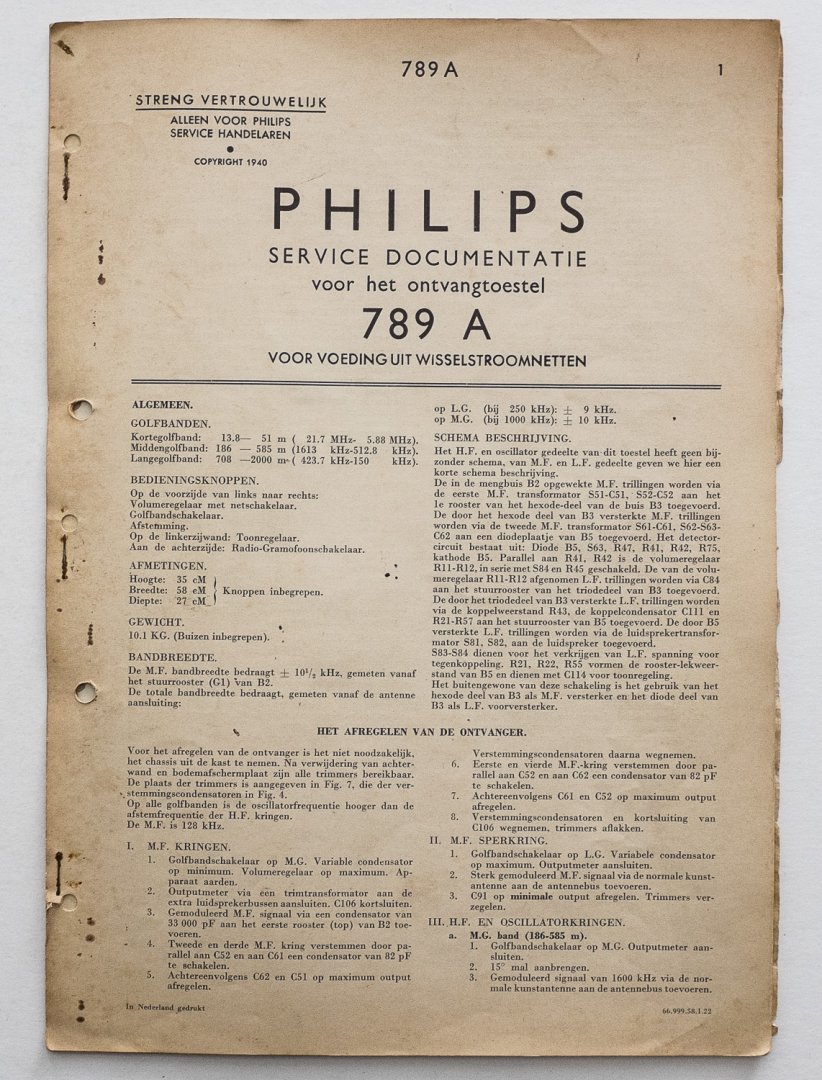 - Philips service documentatie - voor het ontvangtoestel 789A -  voor voeding uit wisselstroomnetten
