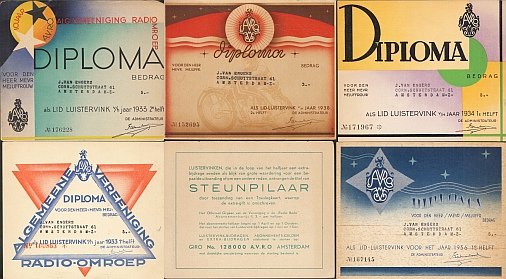 AVRO - Collectie van 14 diploma's voor een halfjaar 'lid luistervink' van de Algemeene Vereeniging Radio-Omroep, 1933-1939.