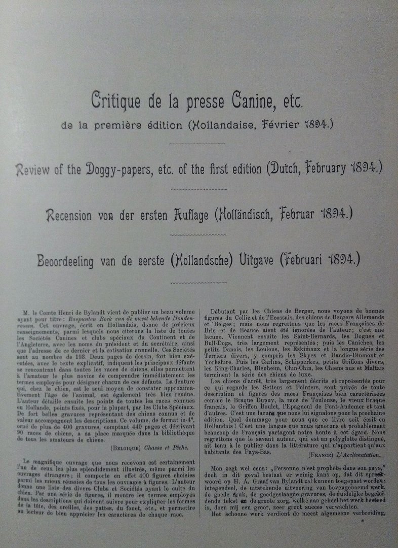 Bylandt . [ isbn 9789053600061 ] ( Facsimile van de 1e uitgave  1904  . ) Uitgebracht in 4 talen  - Frans Engels - Duits - en  de Nederlandse taal . ( Inclusief aangetekende en verzekerde verzendkosten. ) - Hondenrassen . ( Met de uitgave in 1904 van dit tweedelige werk legde de auteur de grondslag voor de hedendaagse internationale kynologie. Zijn werk wordt nog steeds als een gezaghebbende bron geciteerd. -