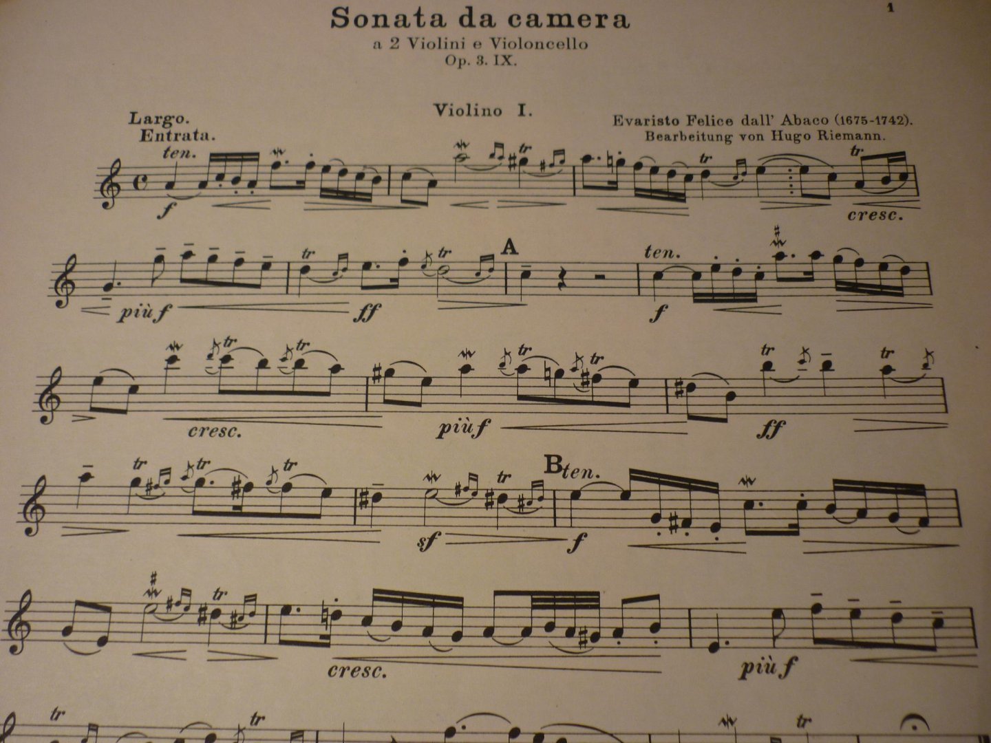 Dall' Abaco (1675 - 1742) - Sonata da camera A moll Op. 3 No. 9; (herausgegeben von Hugo Riemann) Serie: Collegium Musicum No. 43