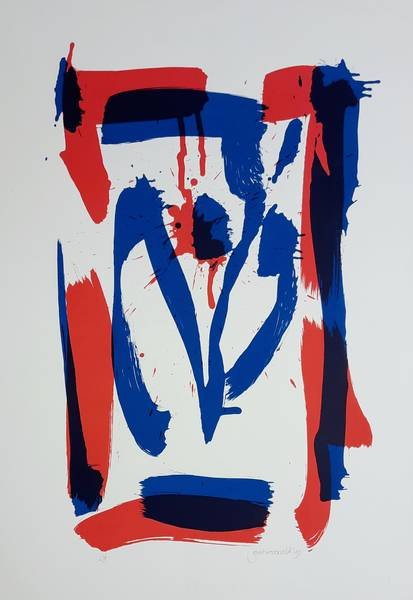 GERRIT WESTERVELD (1949). - Astracte compositie in rood, blauw en zwart.