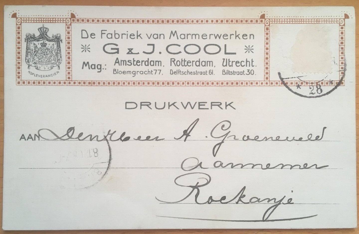 G. en J. Cool - Reclamekaart van de fabriek van Marmerwerken G. en J. Cool (1908)