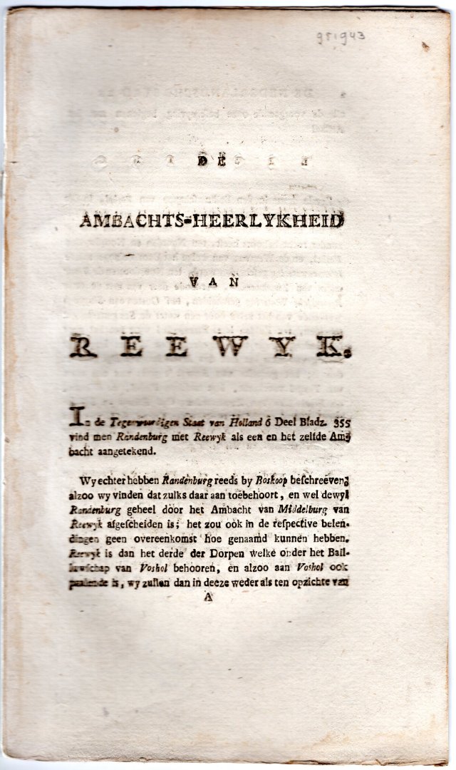 De Nederlandsche stad- en dorpbeschryver - De ambachtsheerlykheid van Reewyk