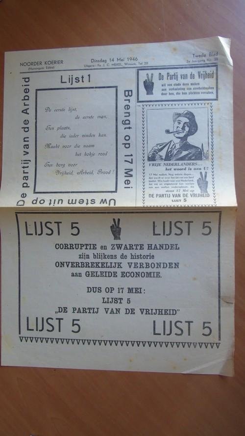 Redactie - Noorder Koerier dinsdag 14 mei 1946. (verkiezingsadvertenties)