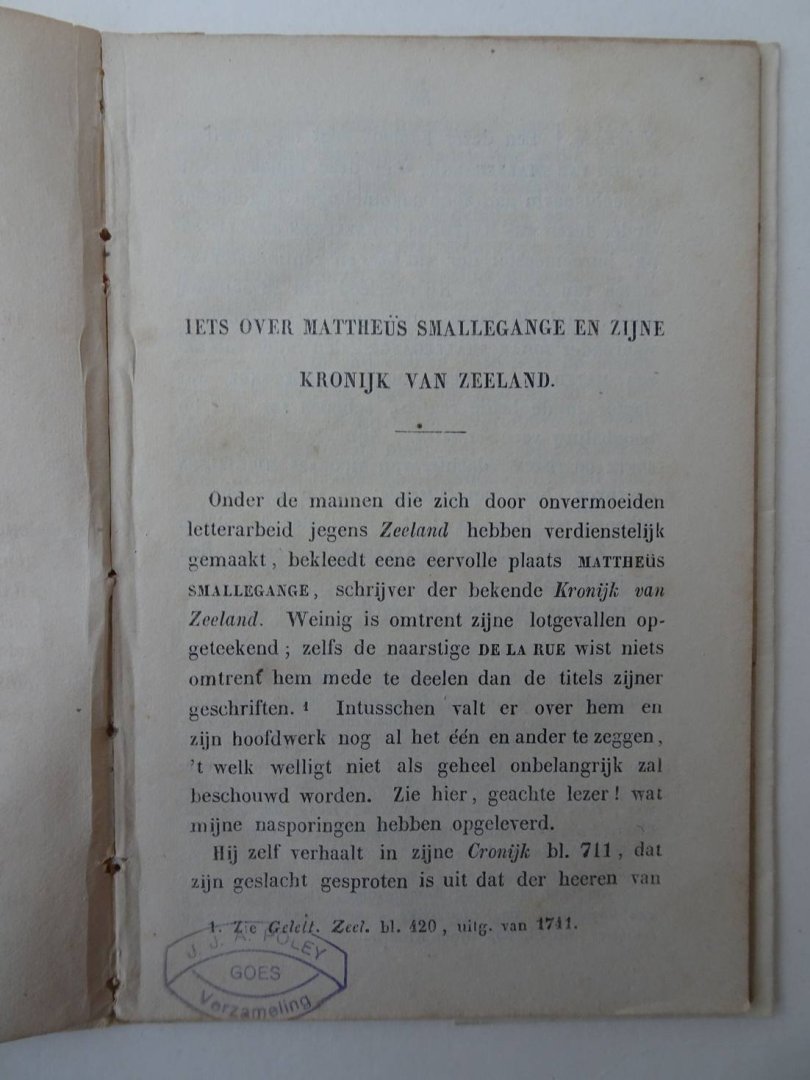 Wind, S. de. - Iets over Mattheüs Smallegange en zijne Kronijk van Zeeland.