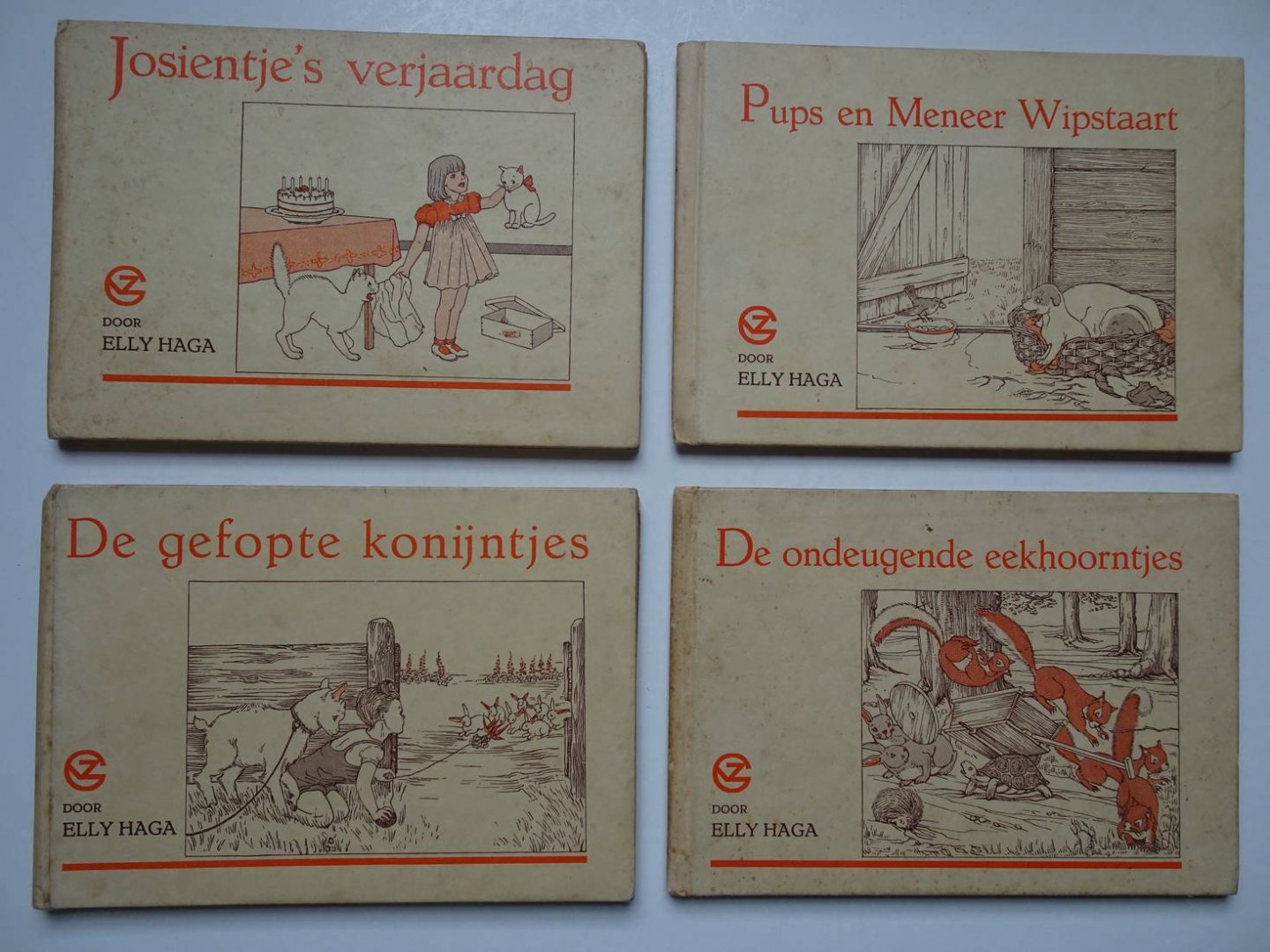Haga, Elly - De Ondeugende Eekhoorntjes/ De Gefopte Konijntjes/ Pups en Meneer Wipstaart/ Josientje's Verjaardag. 4 delen.