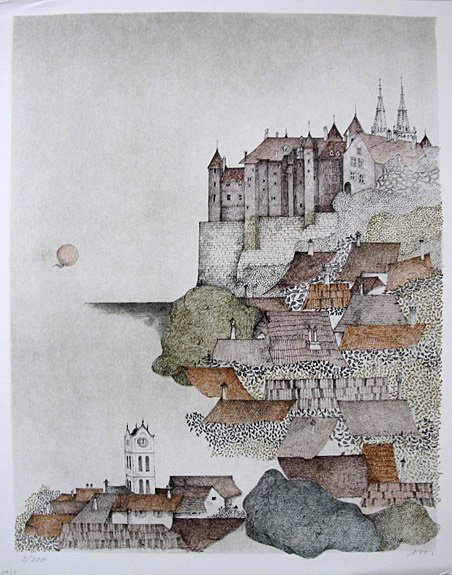 CZINNER, Ossi - Impression on a town on the hill. Original coloured lithograph.